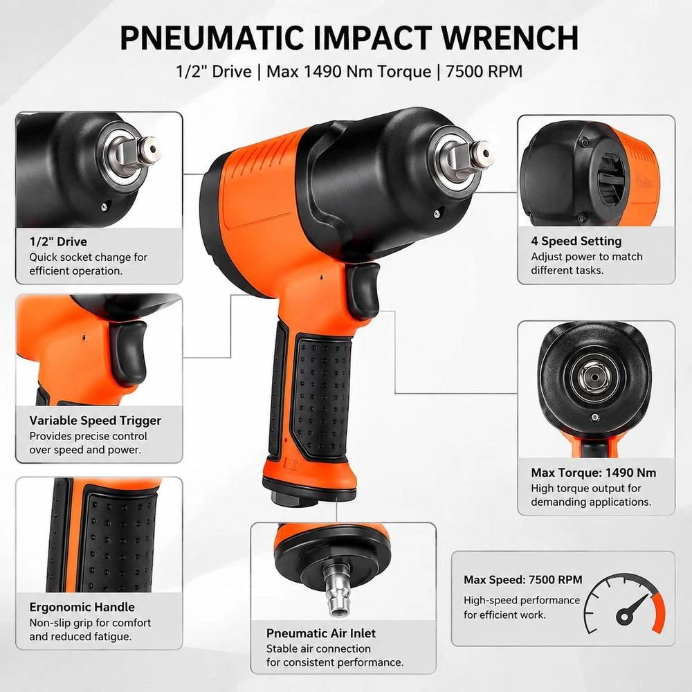 Pneumatic Impact Wrench, 12.7mm Drive, Up To 1490 Nm Reverse Torque, 7500 Rpm, 4-speed Setting & Pneumatic Air Gun For Car Repairs & Maintenance