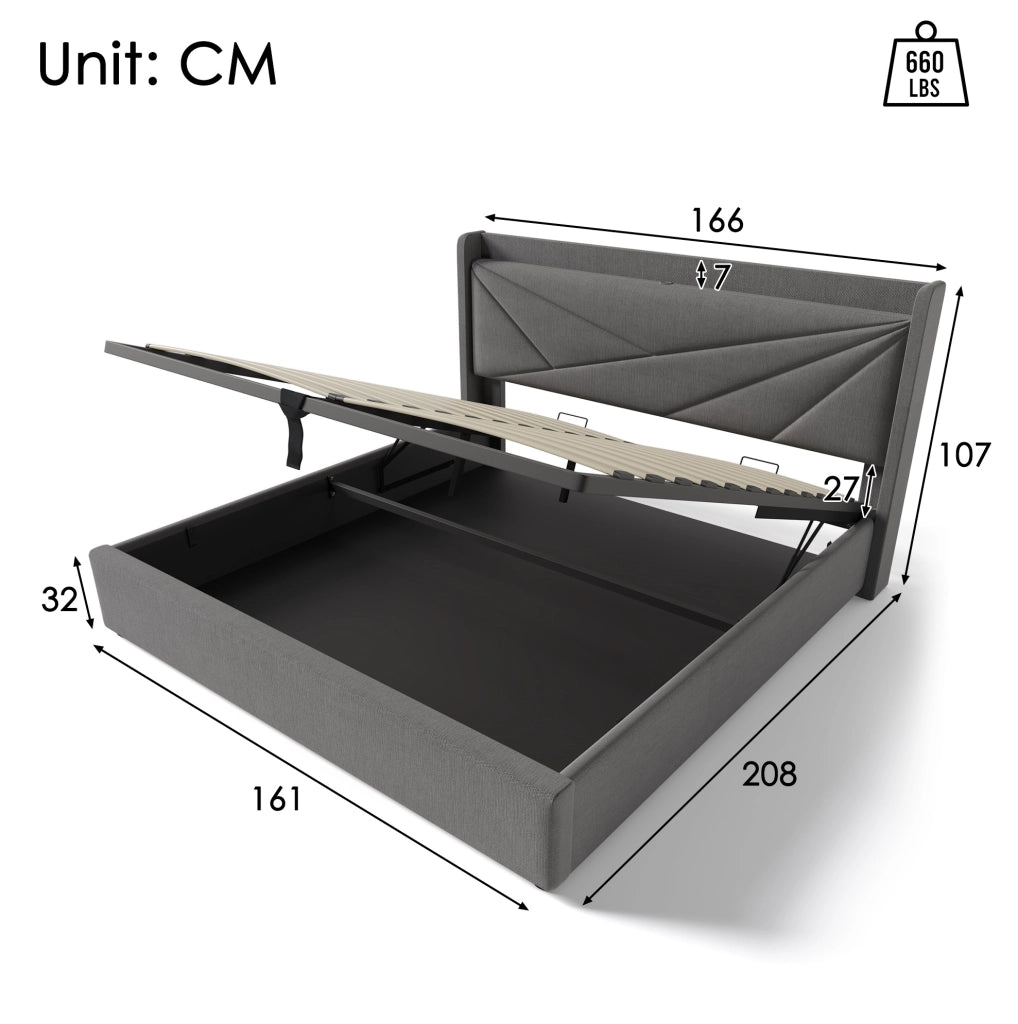 Letto matrimoniale 160x200 grigio con vano contenitore, USB e Type-C