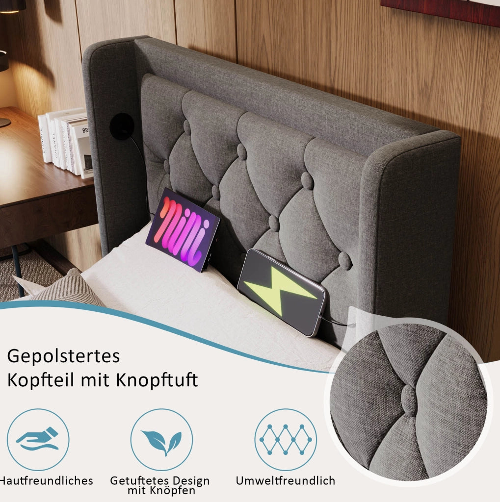 Letto singolo contenitore 90x200 cm grigio con LED e USB-C