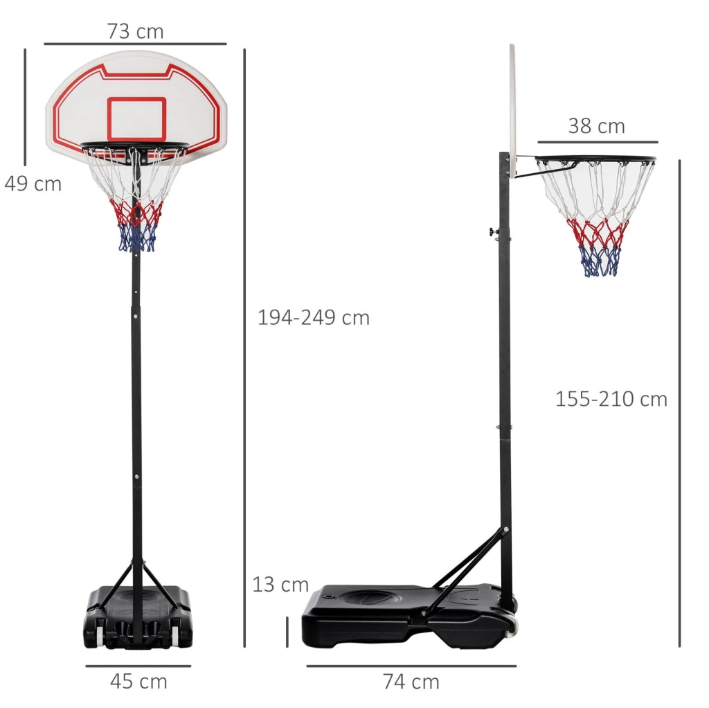 Canestro da basket ULEVR regolabile 150-210 cm con base riempibile e 2 ruote, struttura in acciaio bianco