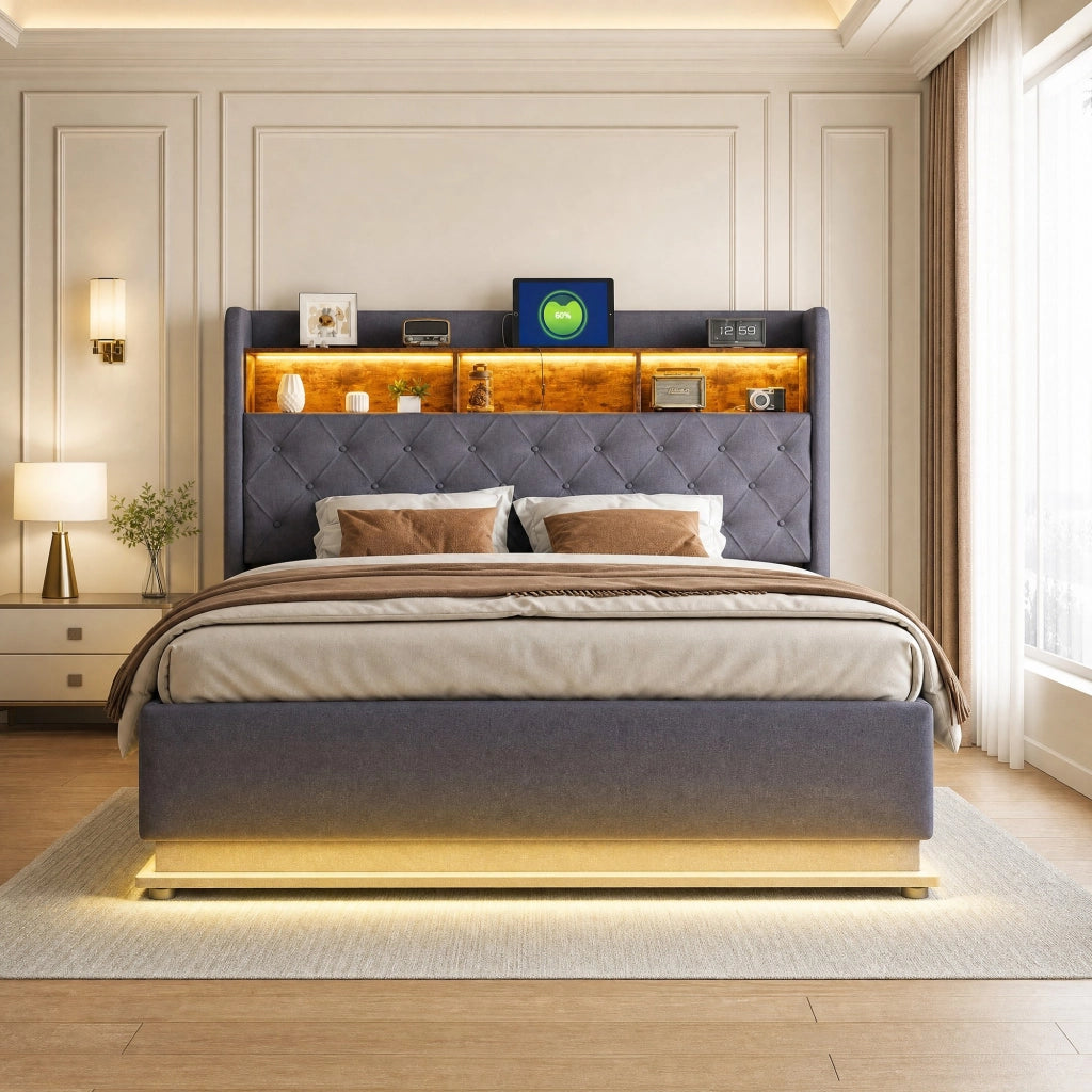 Letto imbottito 180x200 cm con LED multicolore, USB e contenitore grigio