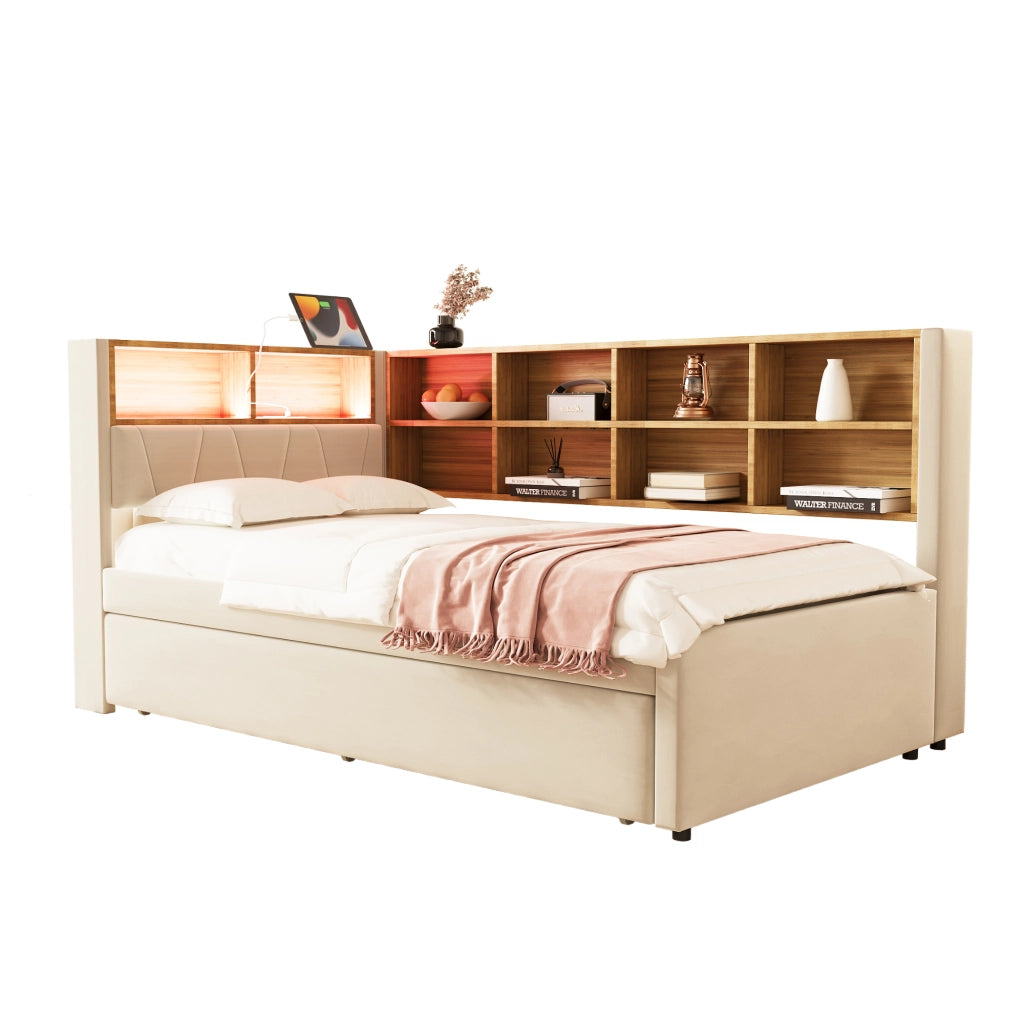 Divano letto con LED, prese e contenitore, 90x200+90x190 cm, flanella beige
