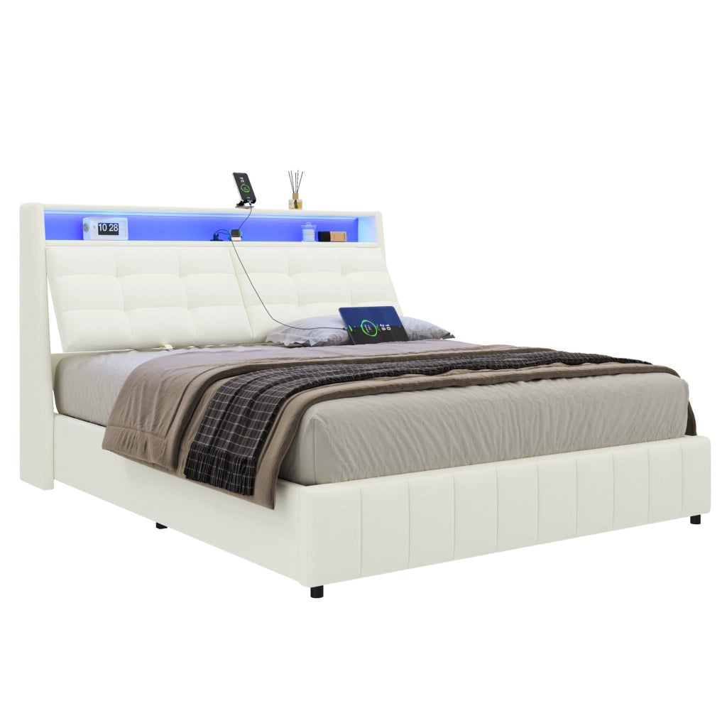 Letto contenitore 160x200 cm bianco con LED, USB e testiera regolabile