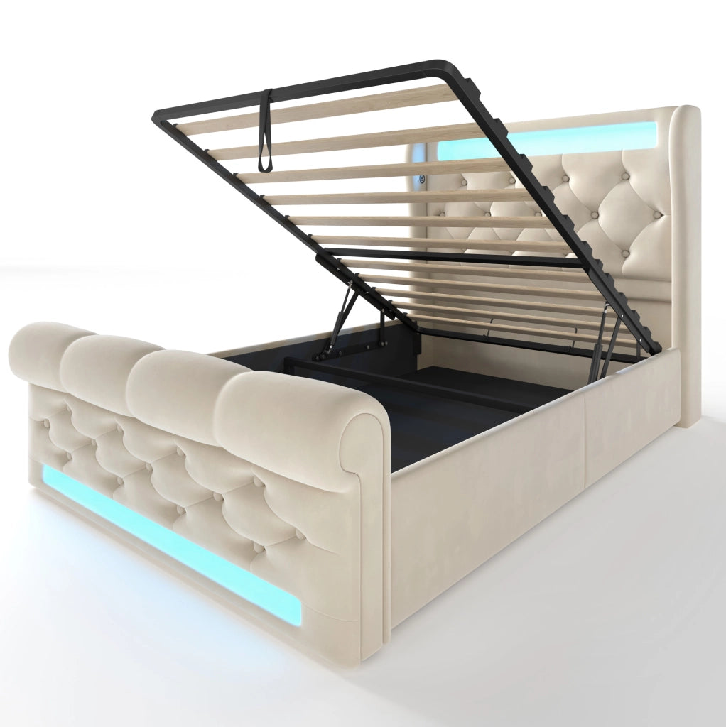 Letto imbottito contenitore 90 × 200 cm con LED; USB e Type-C; velluto beige