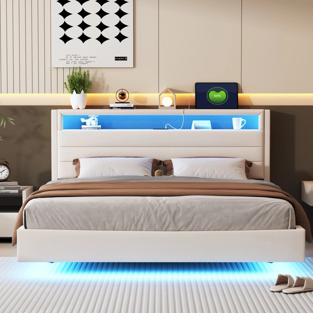 OKWISH Letto Imbottito 160×200 cm, Letto Matrimoniale con Presa USB, LED Regolabile e Testiera Reversibile, senza Materasso, Beige