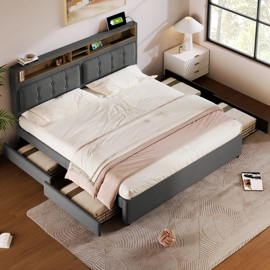 Letto imbottito 140x200 con 4 cassetti e materasso