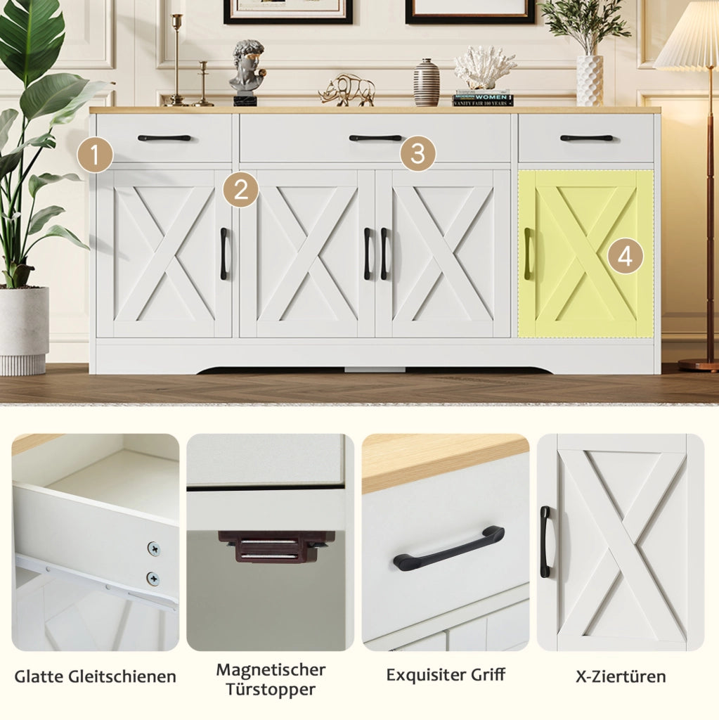 Madia bianca in MDF con 3 cassetti e 4 ante, 160 cm
