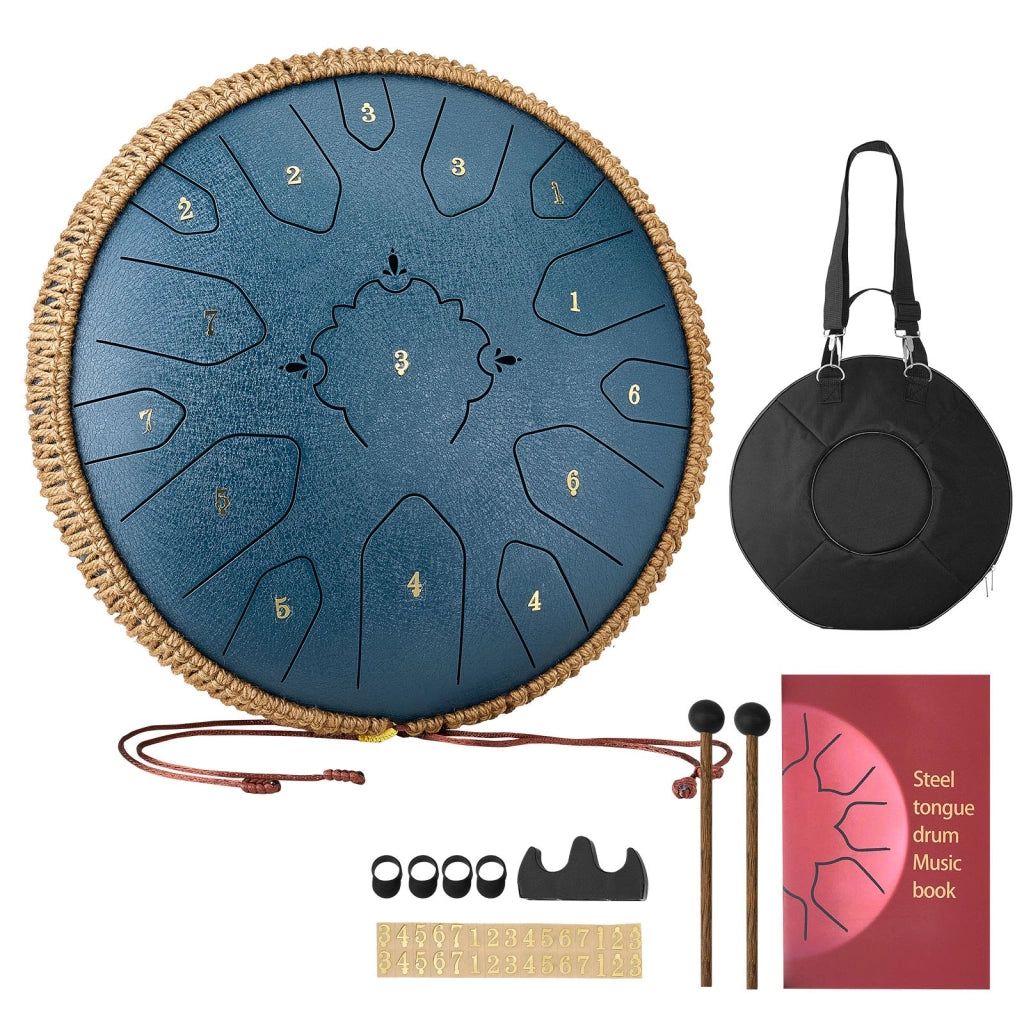 Tamburo a Lingua d'Acciaio da 330 mm 15 Note per Giardino e Casa, Strumento a Percussione in Acciaio Legato, Blu Navy, con Bacchette e Libro Musicale