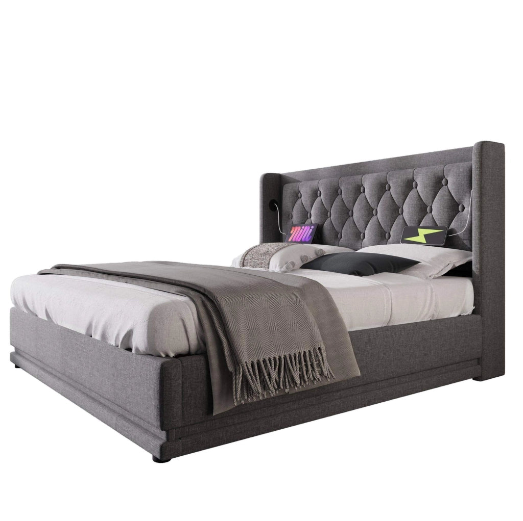Letto contenitore 160 × 200 cm in cotone grigio con LED; USB e USB-C
