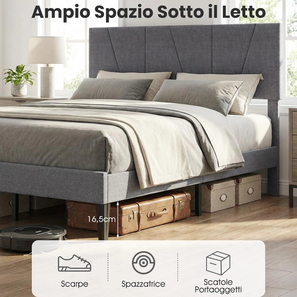 Struttura Letto Matrimoniale, Letto Piattaforma Rivestito in Lino con Testiera Regolabile in Altezza, Doghe in Legno a Supporto del Materasso, Silenzioso (200x140 cm)