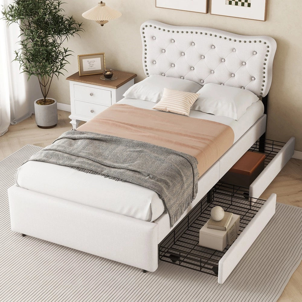Letto Imbottito con Cassetti 90x200 ¨C MINIMAL ¨C Beige, Testiera con Borchie