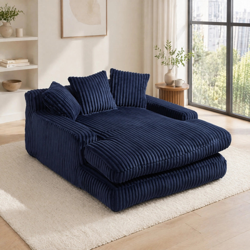 Chaise longue da interno in tessuto a coste con 3 cuscini schienale e braccioli blu navy 125 × 155 × 63 cm
