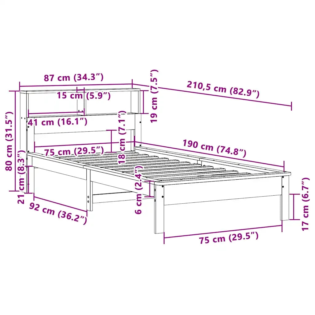 Letto Libreria senza Materasso-Struttura Letto con contenitore Marrone Cera 75x190 cm in Pino 301333