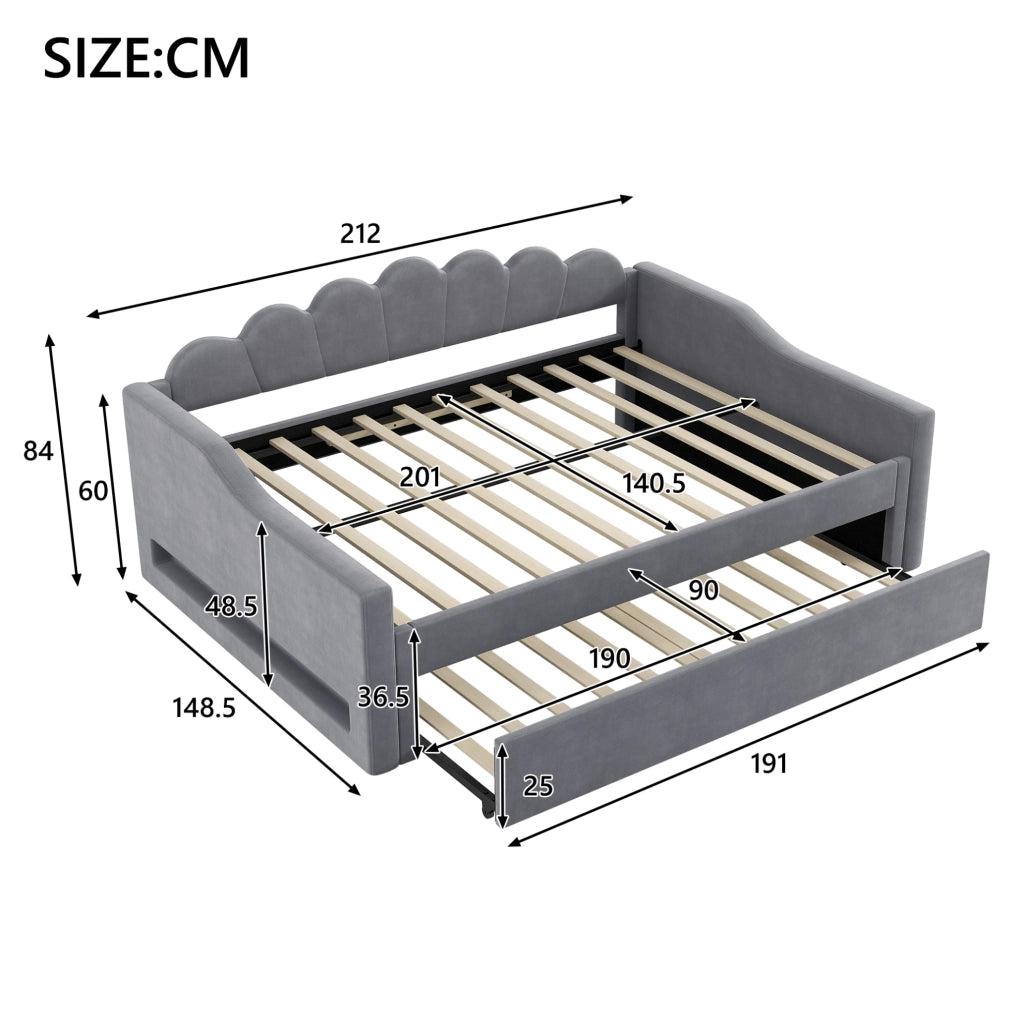 Letto imbottito 140x200 cm con LED e letto estraibile, grigio