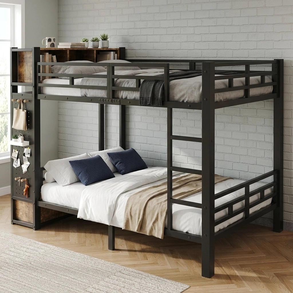Letto a Castello 120x200 cm LEMONMAX con Armadio, Cassetto, Pannello Forato e Mensole, Metallo Nero, Salvaspazio, EN747, Portata 150 kg