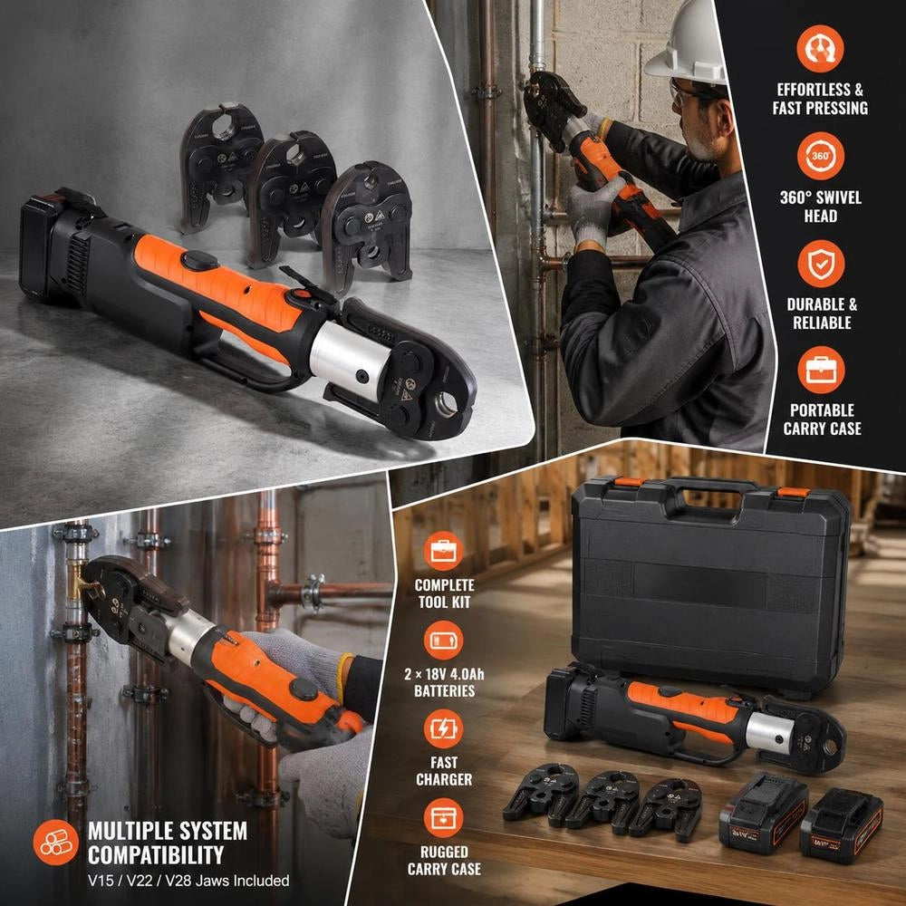 Crimping Tool And Battery Set, Pro Crimping Tool, Electric Pipe Crimping Tool With V15, V22, V28 Jaws, Crimping Tool Set With 2 X 18V 4.0Ah Batteries, Fast Charger And Carrying Case