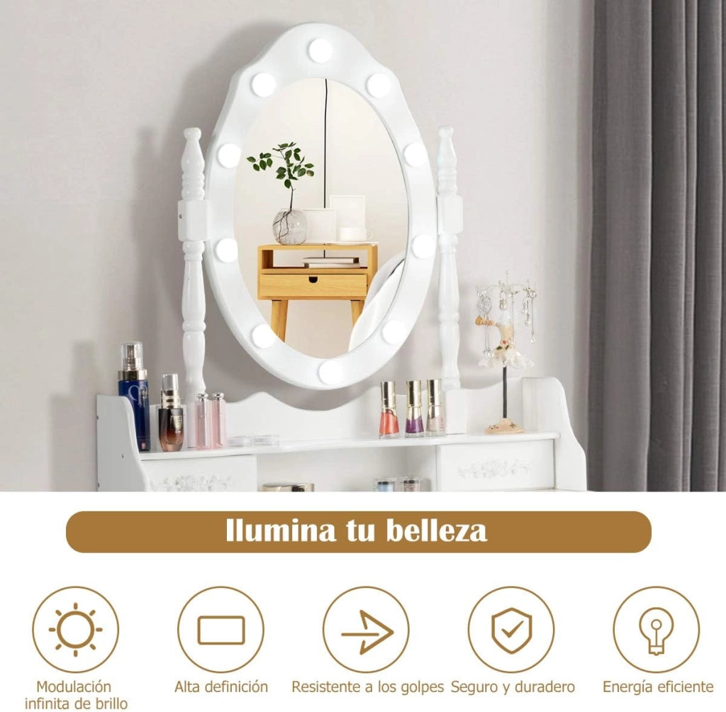 Toeletta Trucco con Specchio Girevole, 10 Luci LED, Luminosità Regolabile, Postazione Trucco con Sgabello e 4 Cassetti, Tavolo da Trucco Scrivania Camera da Letto, 146x75x40cm (Bianco)
