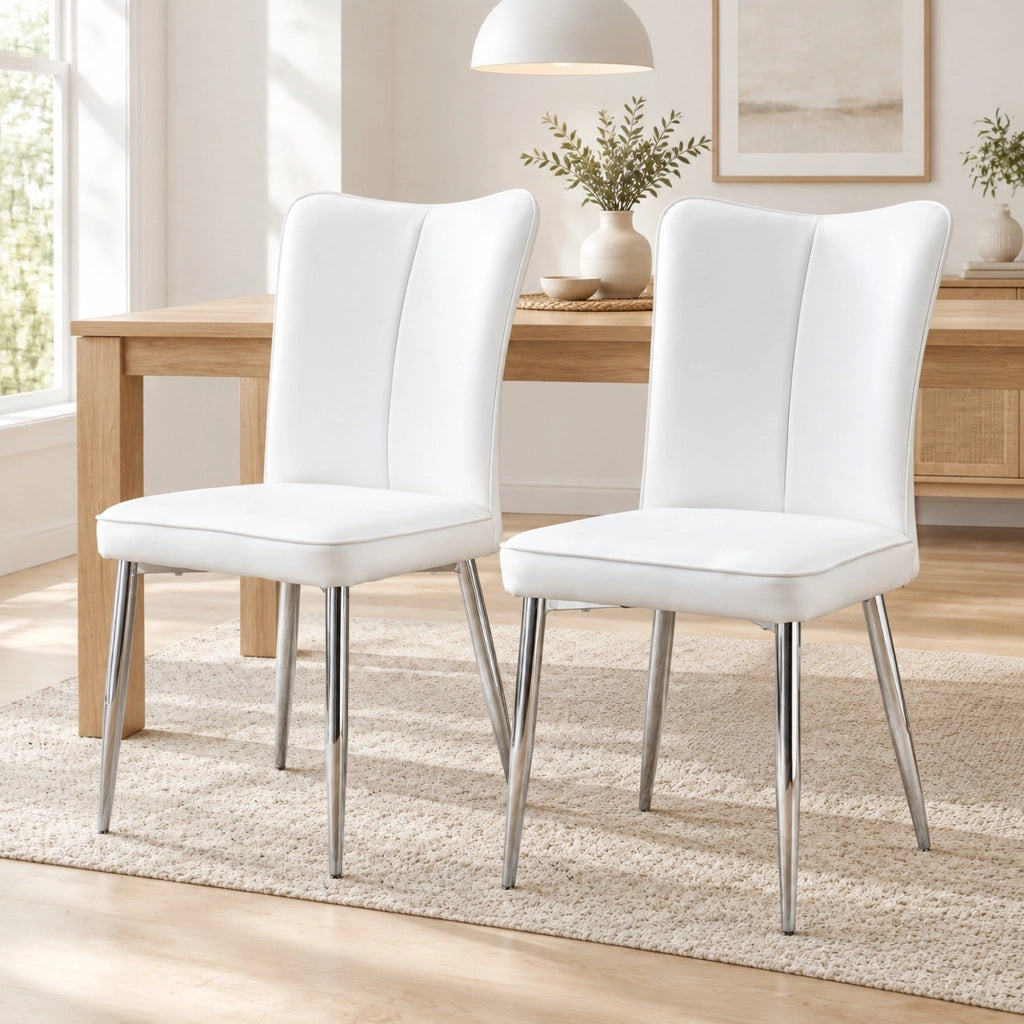 Set di 2 sedie da pranzo in PU bianco con gambe in metallo color argento schienale curvo e piedini regolabili