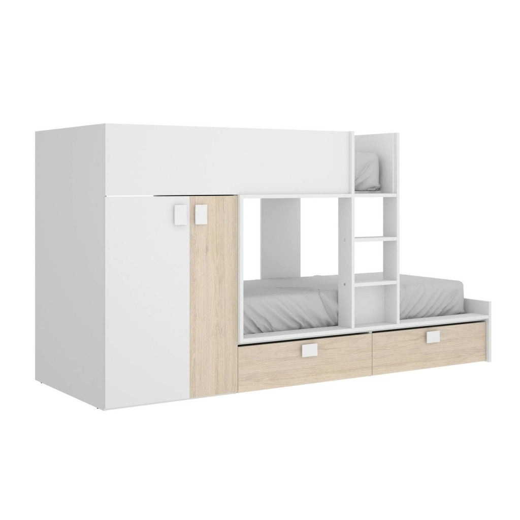Letto per bambini Acerola, Cameretta completa con armadio e cassetti, Composizione letto a castello con due lettini singoli, 275x108h150 cm, Bianco e Rovere