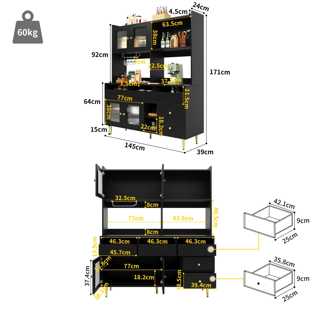Credenza con ante in vetro Changhong portabottiglie vani aperti e maniglie in metallo MDF nero 145 × 39 × 171 cm