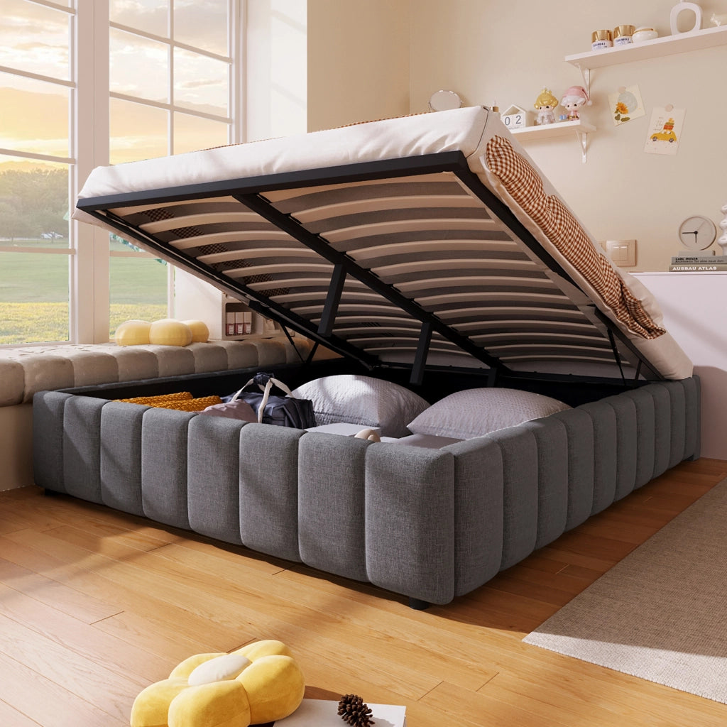 Letto per adulti 140x200 cm con vano contenitore idraulico; senza testiera; struttura in lino grigio