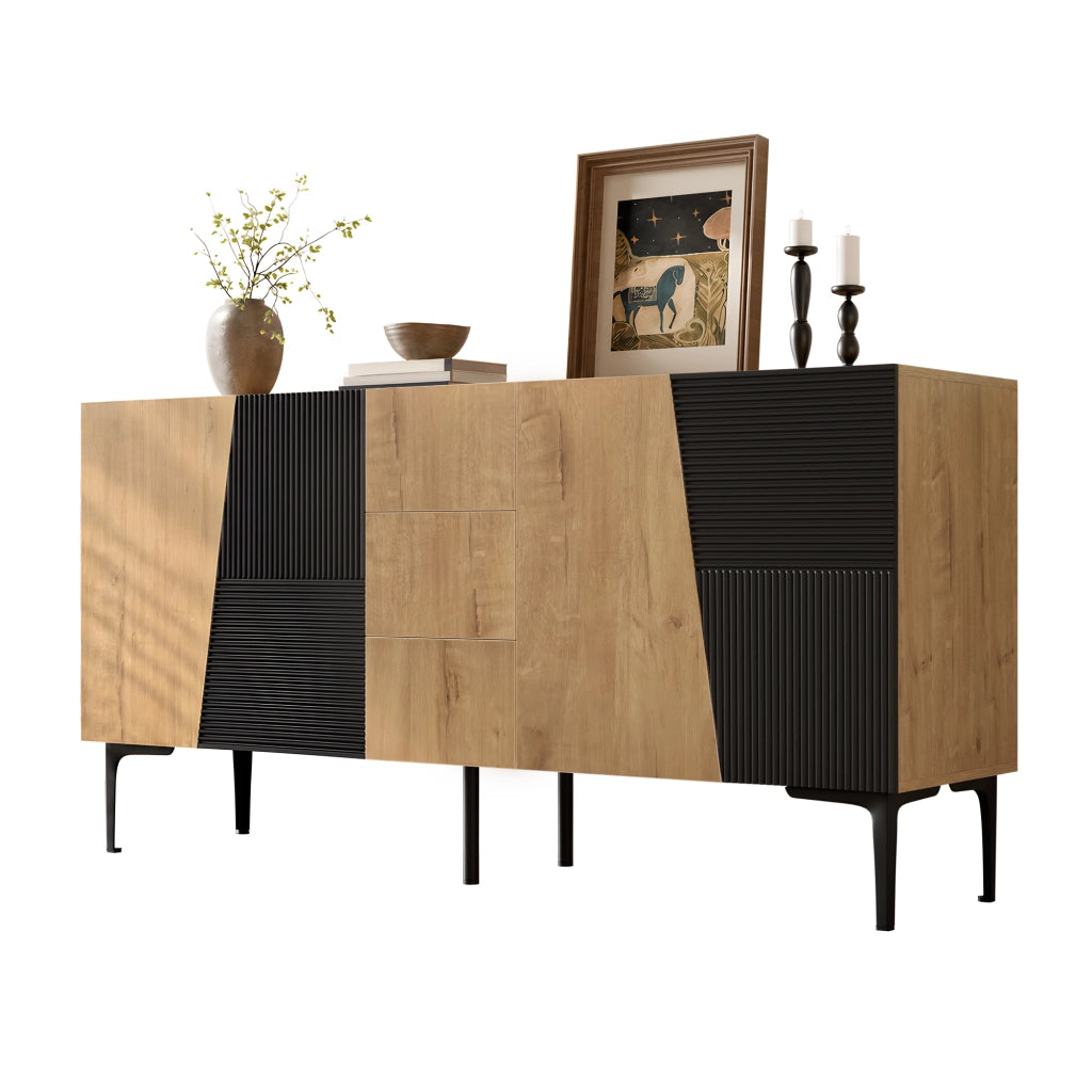 Credenza con 4 ante, 3 cassetti e ripiani regolabili per soggiorno, in truciolare nero e naturale, 160 × 40 × 80 cm