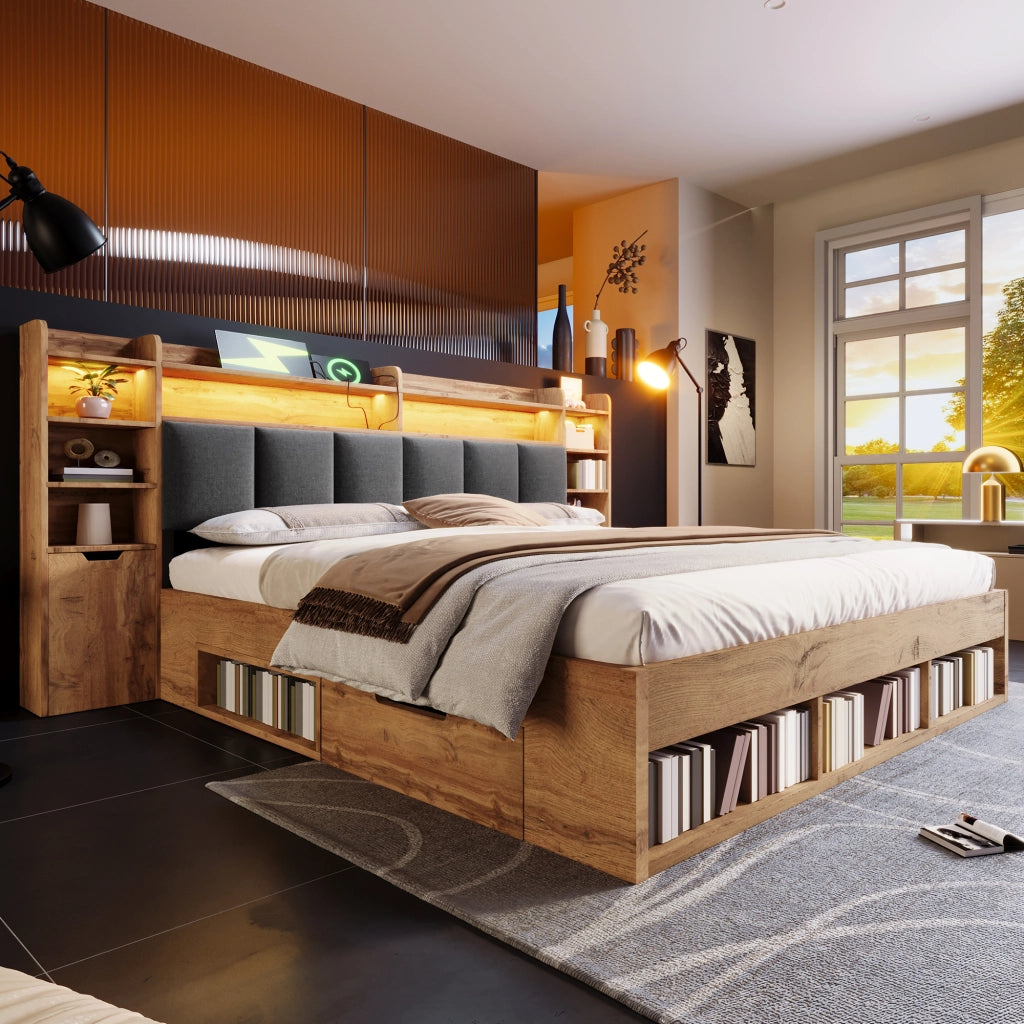 Letto matrimoniale 160×200 cm con LED; USB e Type-C; cassetti e ripiani; senza materasso; rovere