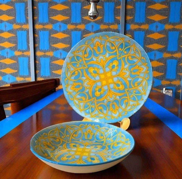 Servizio di Piatti da Tavola in Ceramica Tipo Vietri Giallo e Turchese 12 Pezzi