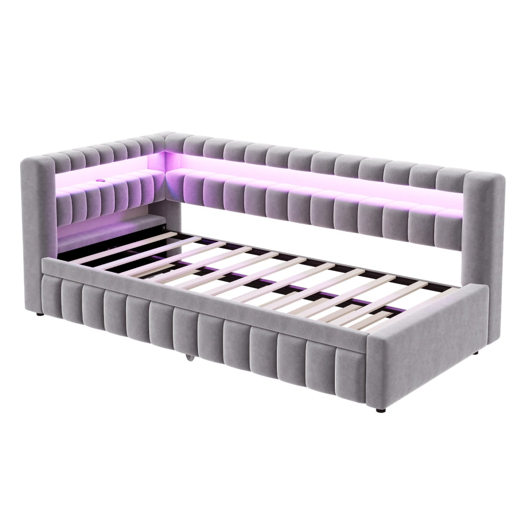 Letto imbottito trasformabile 90x200 cm con LED; USB e ripiani integrati; velluto grigio chiaro