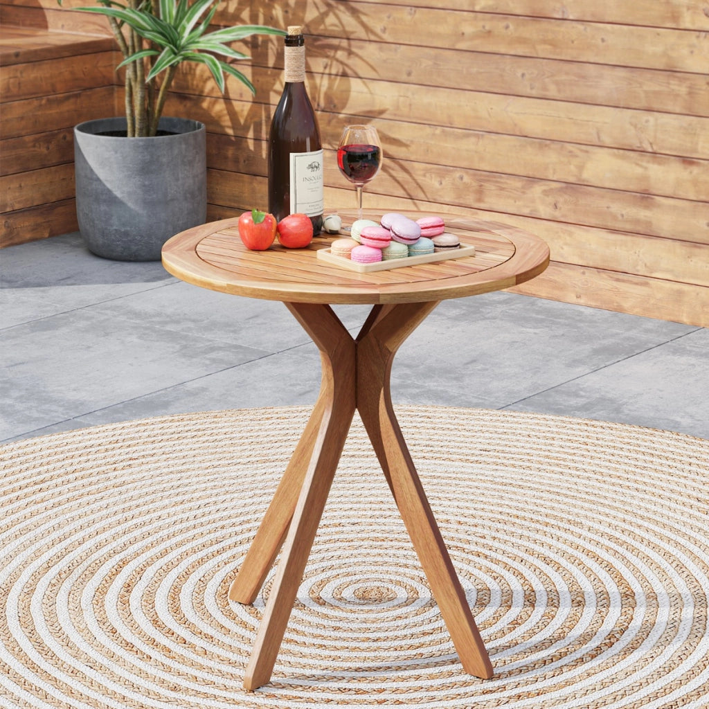 Tavolo bistro esterno in legno di acacia per patio con superficie a doghe, Tavolo rotondo da 70 cm per giardino Naturale