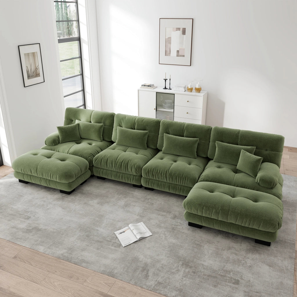 Divano Angolare a U 4 Posti con Pouf ¨C MINIMAL ¨C Chenille, Verde