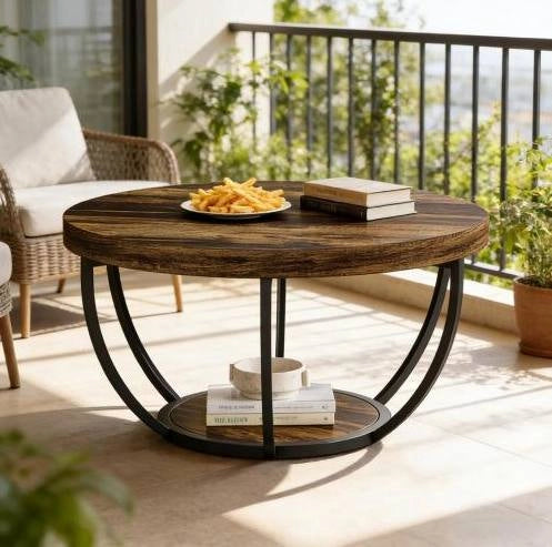 Tavolino rotondo da caffè a 2 livelli in legno e metallo; colore Rustic