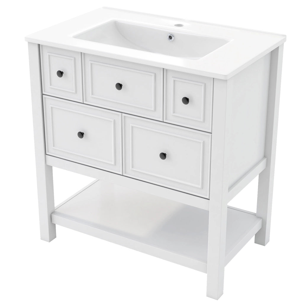 Mobile da bagno bianco con lavabo in ceramica integrato 76x46,5x82 cm, 5 cassetti e ripiani aperti