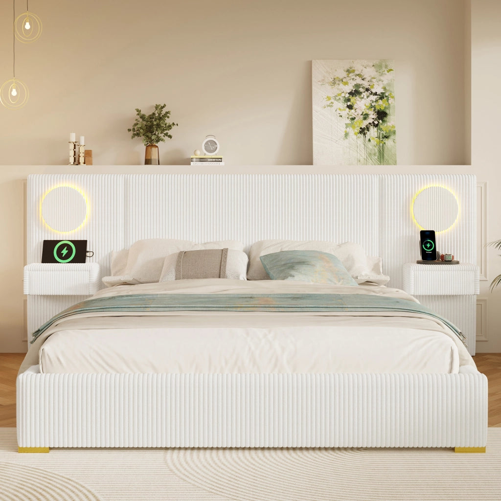 Letto matrimoniale imbottito 180 × 200 cm in velluto beige con testiera LED USB e comodini con cassetti