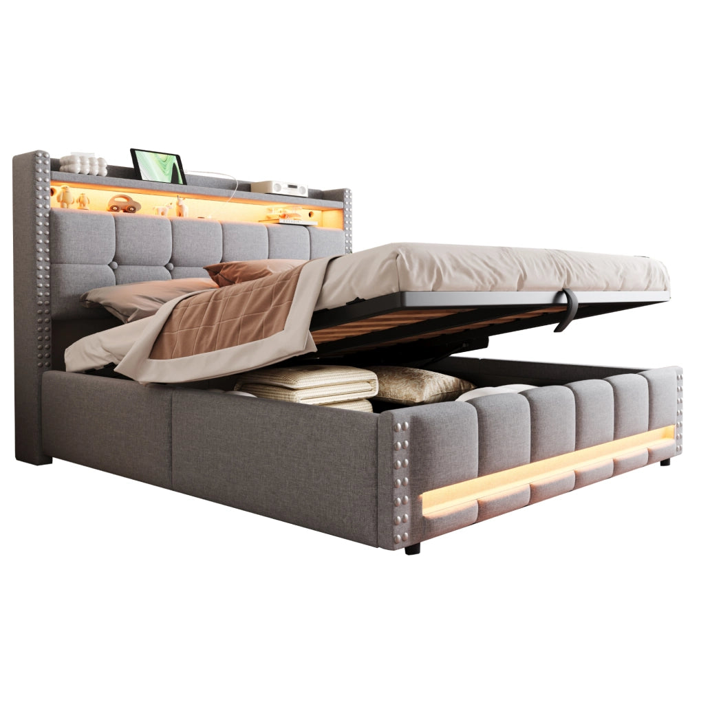 LETTO Imbottito 160x200 cm Grigio Chiaro con LED, USB e contenitore