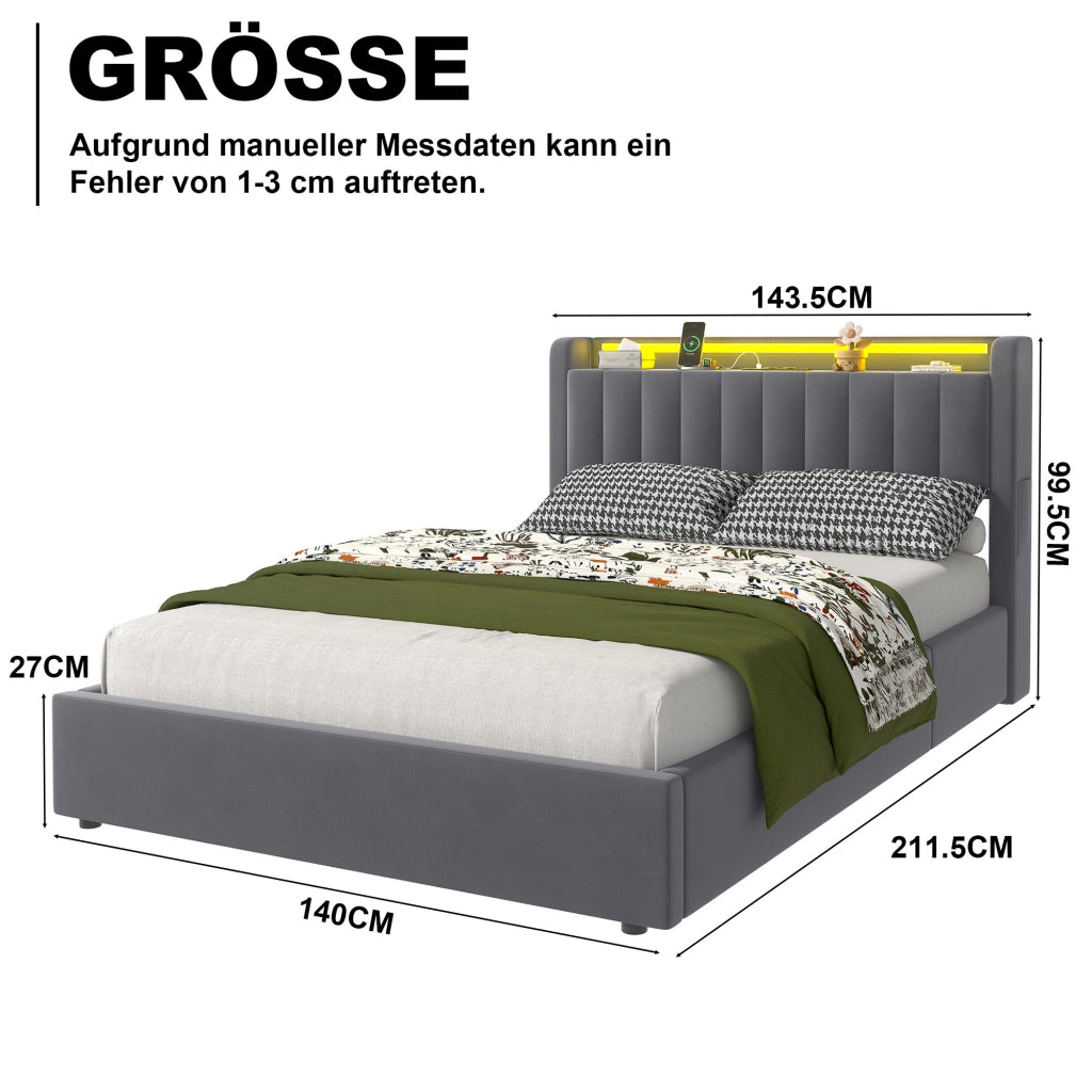 Letto imbottito 140x190 cm in velluto grigio scuro con contenitore, USB e luce d'atmosfera integrata elegante.