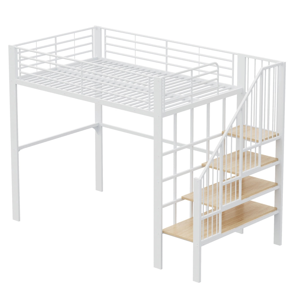 LETTO a soppalco 140x200 cm in metallo e legno bianco con scala