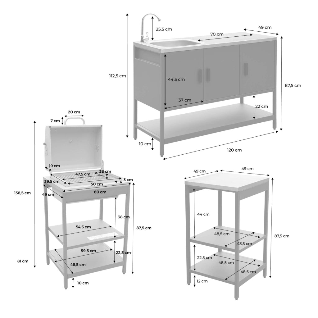 Cucina da esterno, 3 moduli e barbecue a carbone, beige