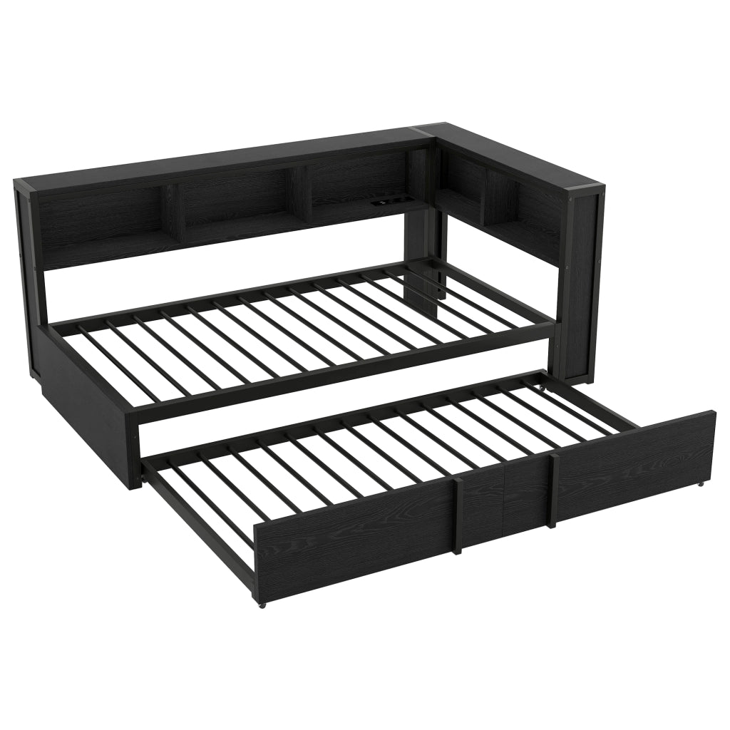 Letto Singolo con Estraibile, Contenitore, LED e USB ¨C MINIMAL ¨C Metallo Nero 90x200