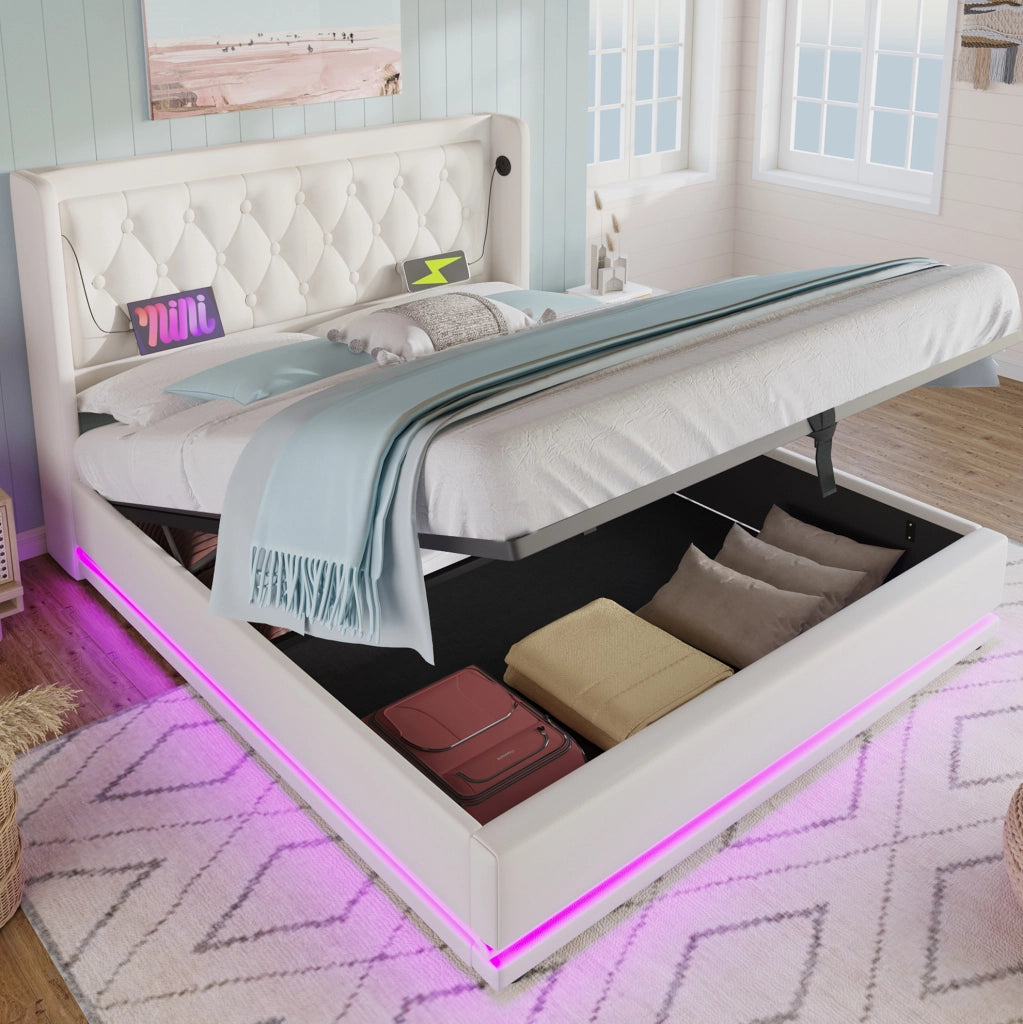 Letto matrimoniale contenitore 180 × 200 cm in PU bianco con LED; USB e Type-C