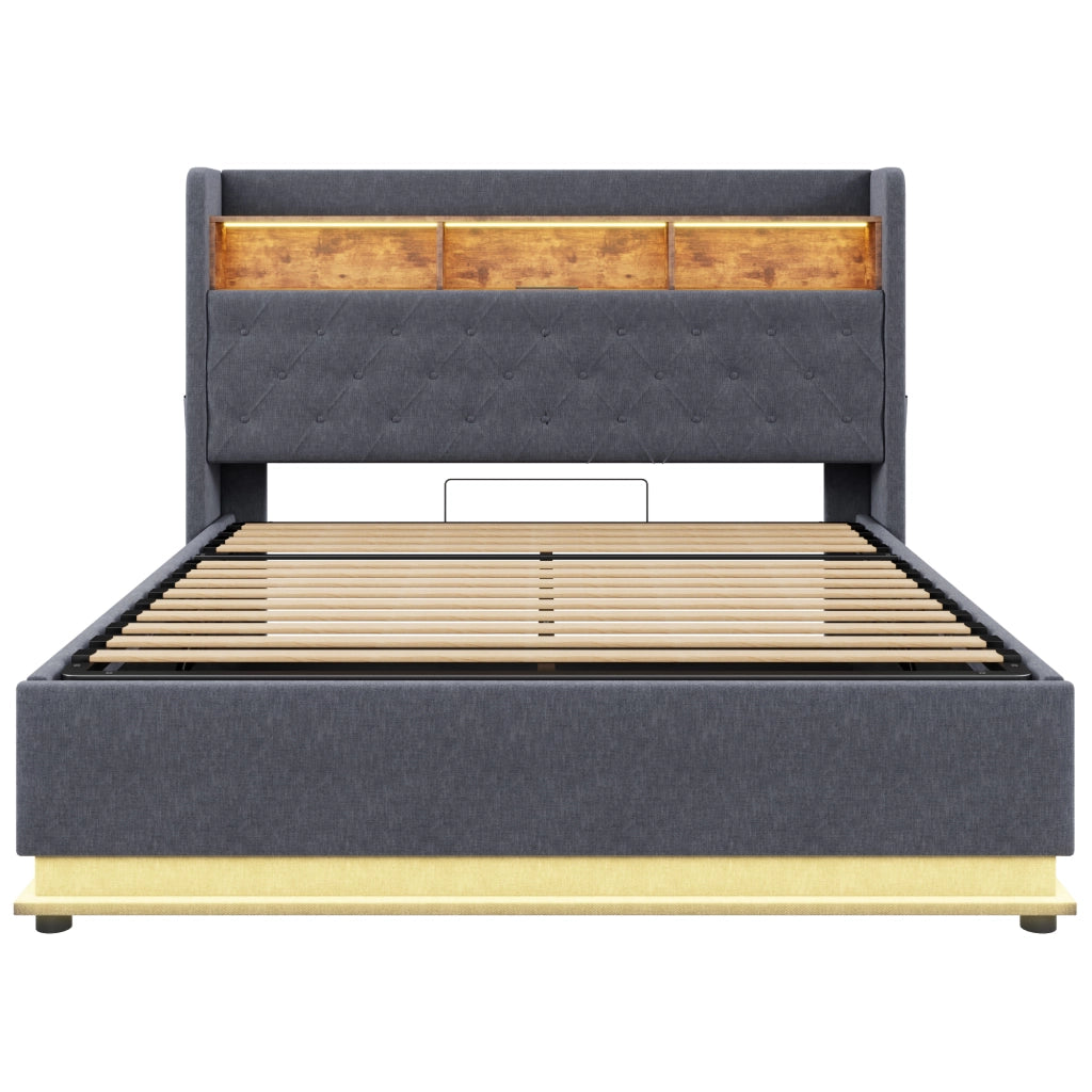 Letto Contenitore 160 x 200 cm con LED; USB e vano idraulico in Tessuto Grigio