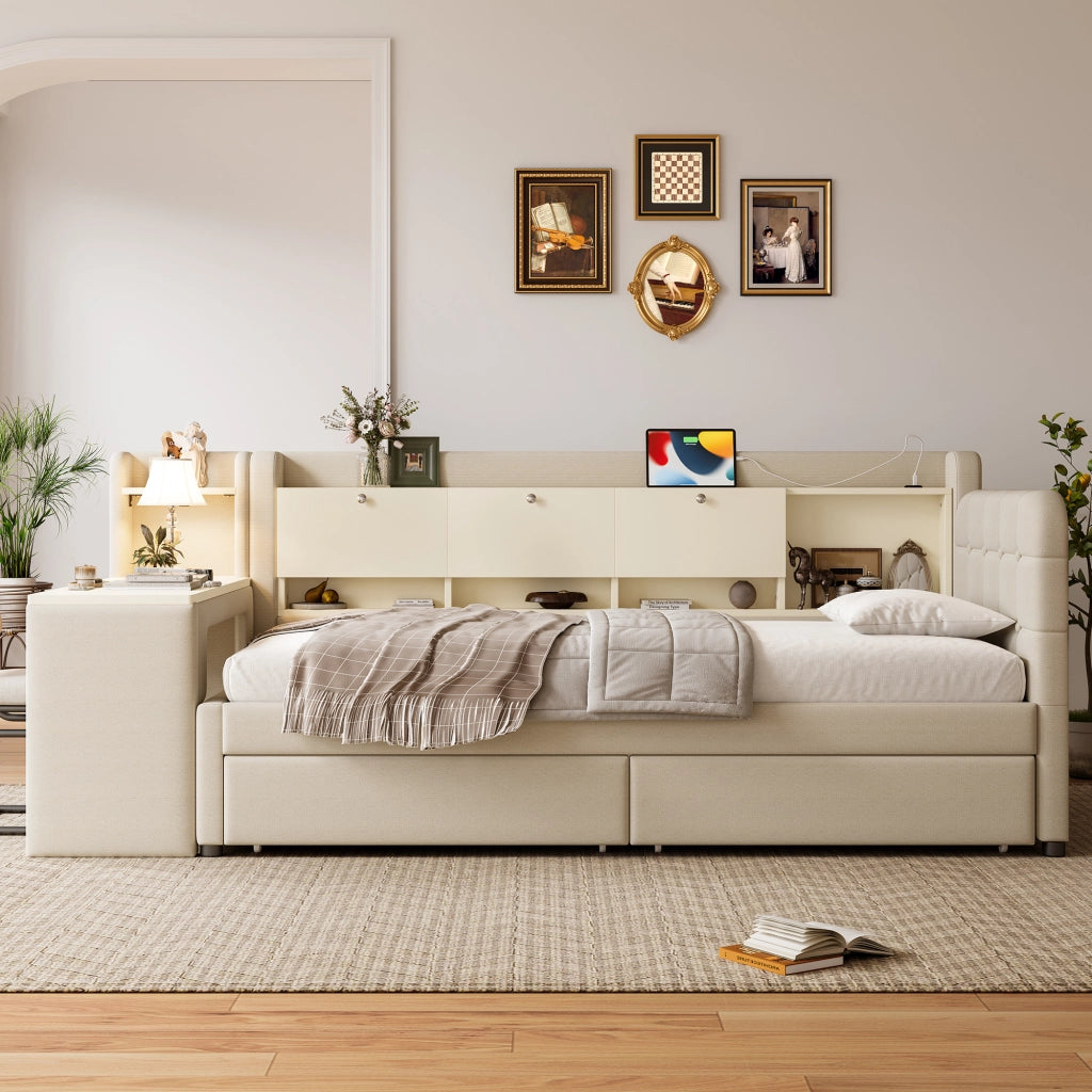 Letto singolo 90 × 200 cm con scrivania cassetti USB e Type-C in tessuto di canapa e MDF beige