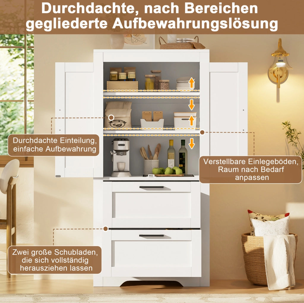 Credenza alta stile fienile con 2 cassetti, bianca