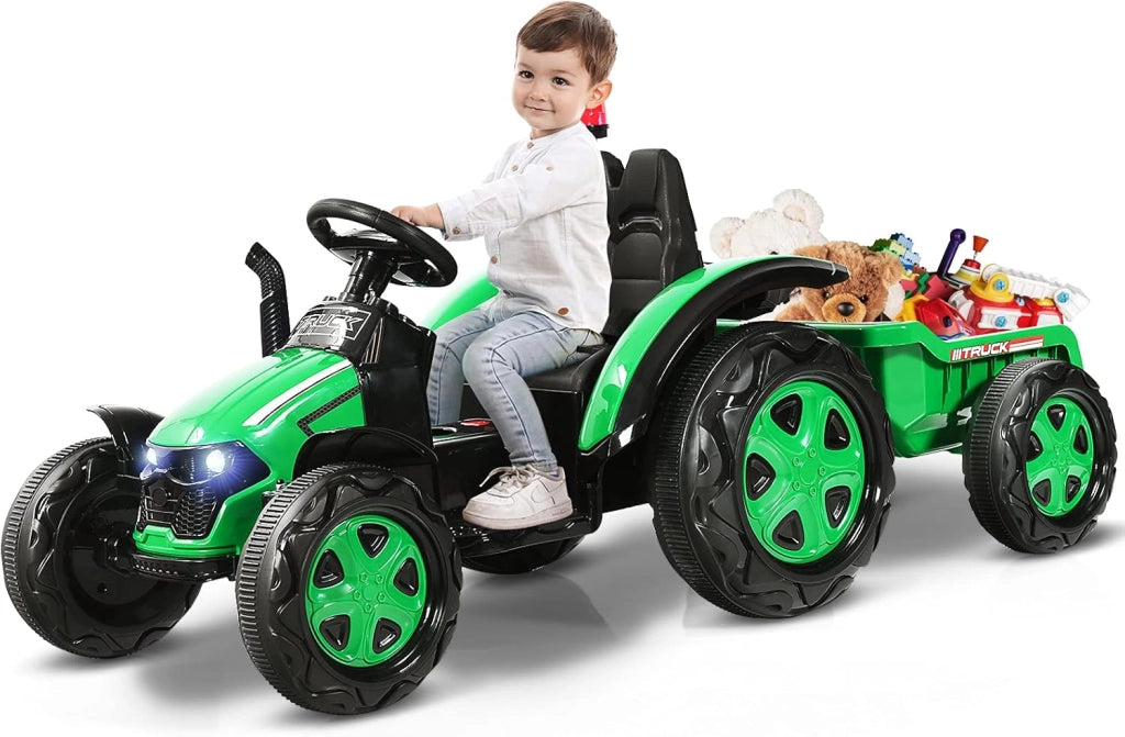 Trattore Elettrico per Bambini con Rimorchio, 2 in 1 Go Kart e Trattore per Bambini 3-8 Anni, con Telecomando e Cintura di Sicurezza a 2 Punti (Verde)