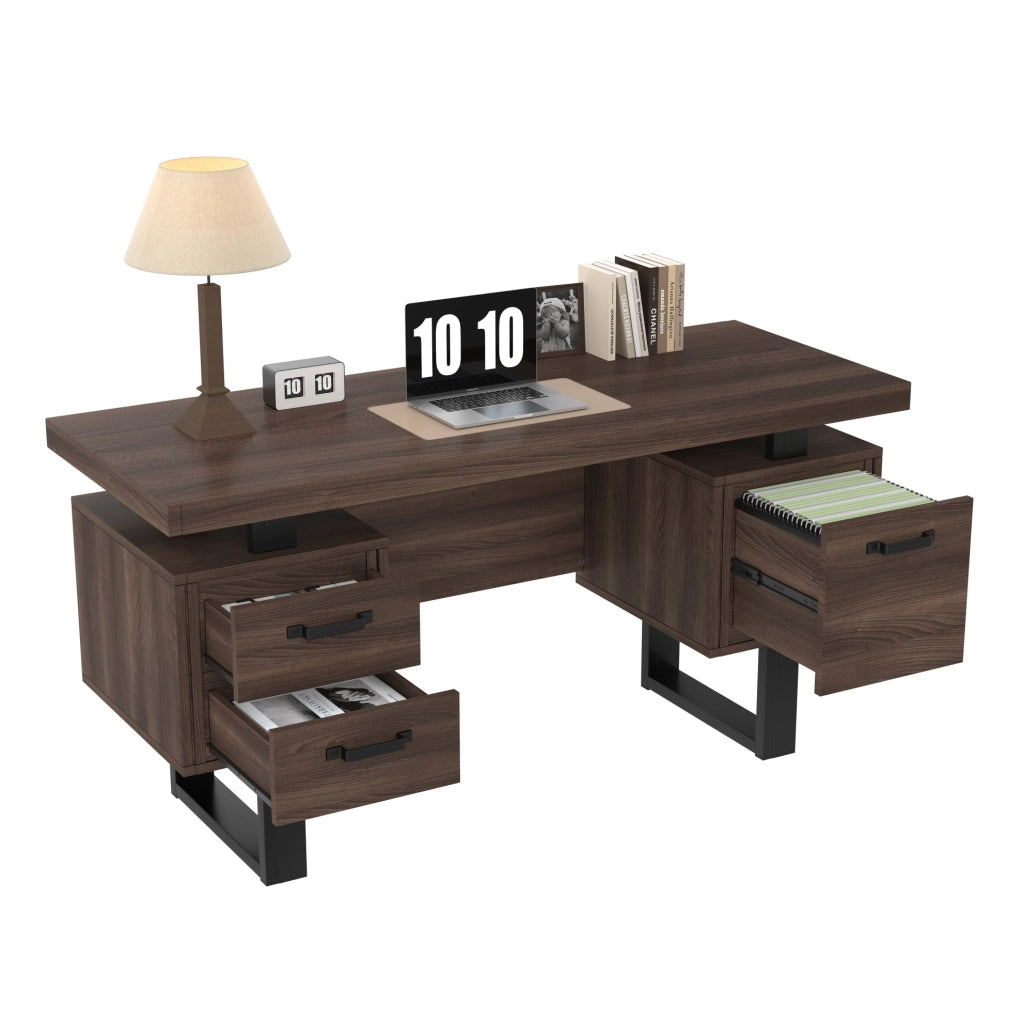 Scrivania da ufficio 135x54 cm con 2 cassetti e vano portadocumenti; MDF marrone