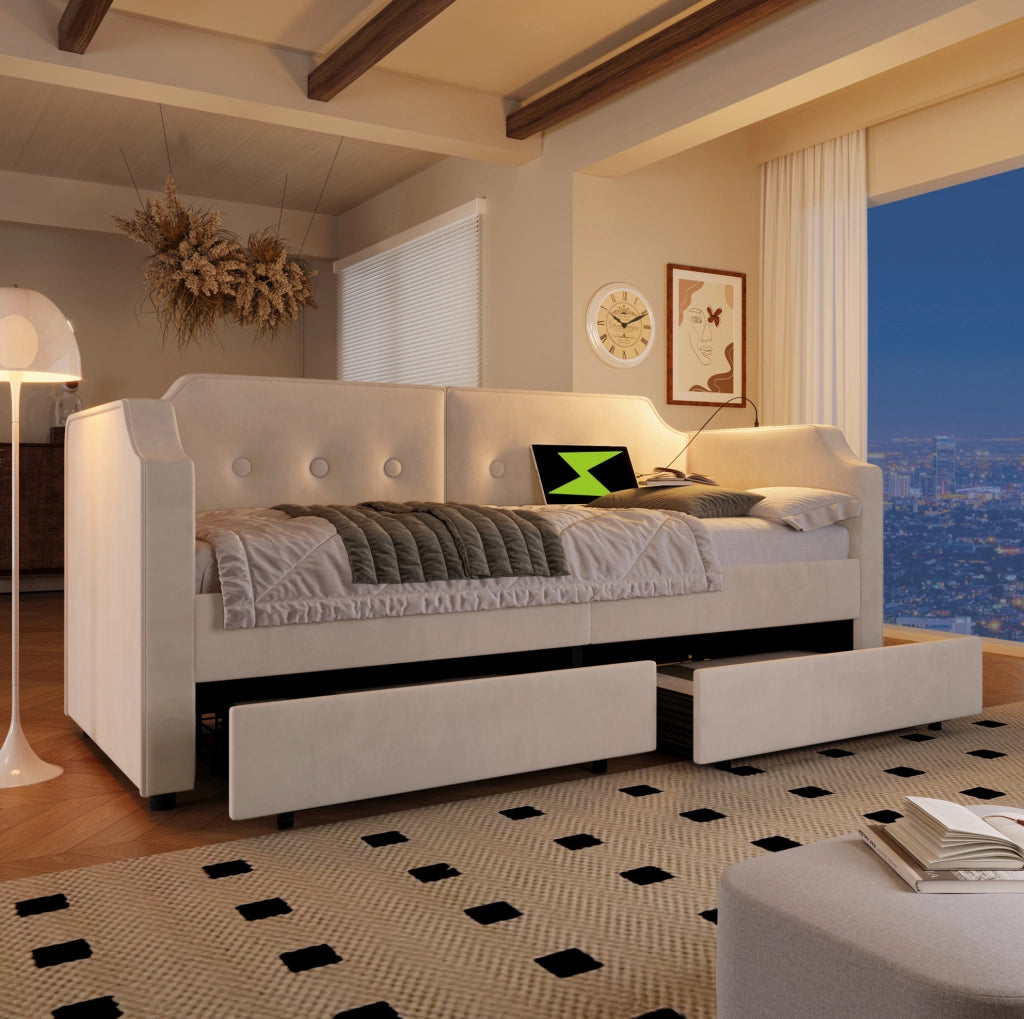 Letto singolo imbottito 90x200 beige con USB-C e cassetti