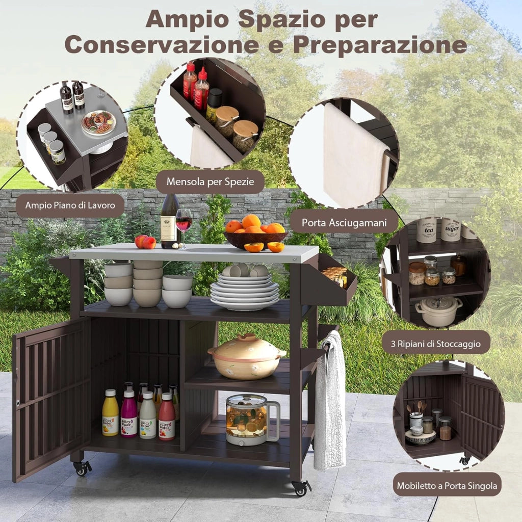 Carrello per Grill da Esterno, Carrello in Metallo con Armadietto, Ruote Bloccabili Universali, Ripiani e Piano in Acciaio Inox, Isola da Cucina per Barbecue, Festa e Campeggio