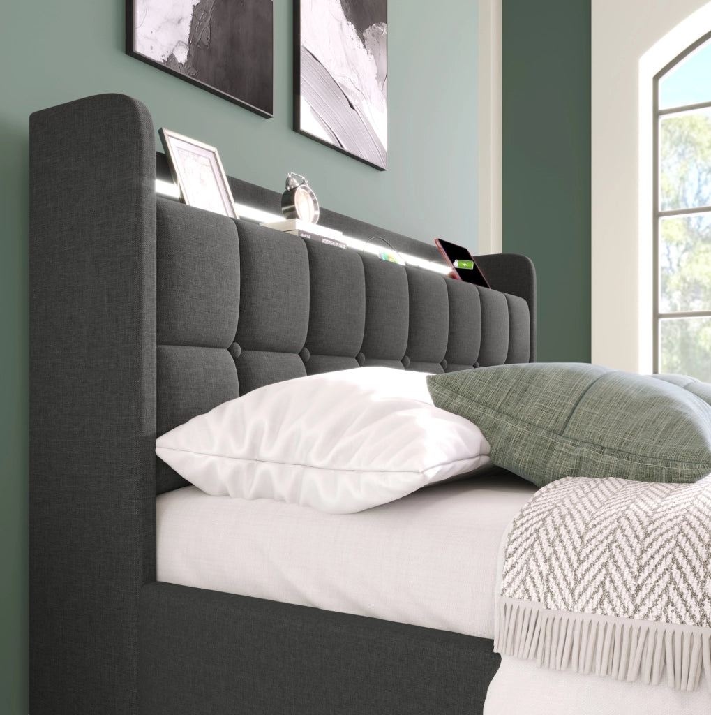 Letto 180x200 cm con LED, prese USB e 4 cassetti in lino grigio
