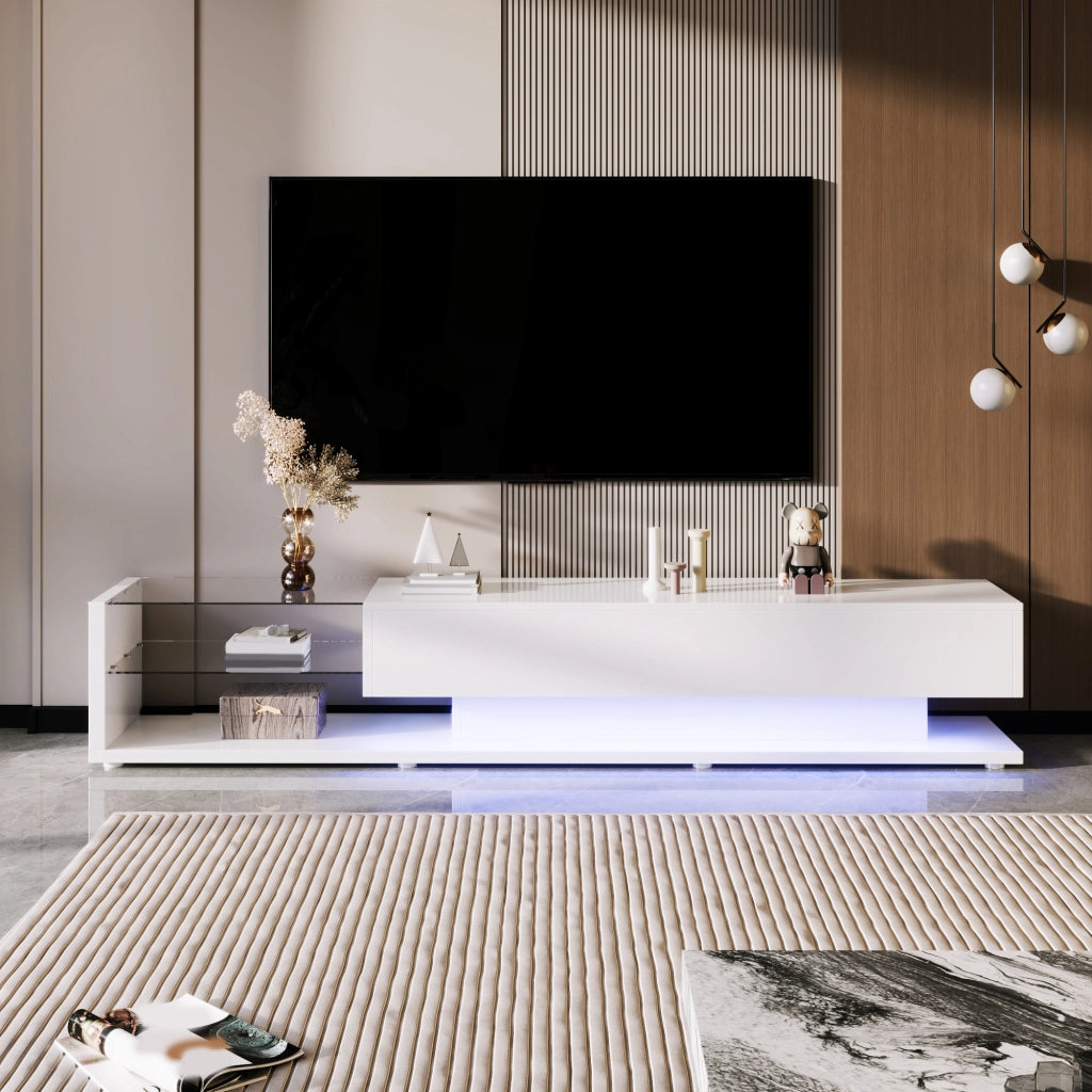 Mobile TV 170x36x38 cm Bianco Lucido con LED Multicolore, 2 Cassetti e 2 Ripiani in Vetro