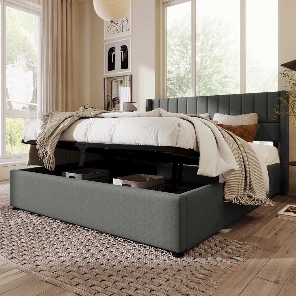 Letto contenitore per adulti 140x200 cm con sollevamento idraulico; testiera imbottita; lino grigio